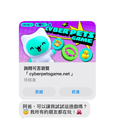 螢幕顯示包含 cyberpetsgame.net 截圖的文字訊息，圖形下方有拒絕和核准按鈕，訊息文字寫著阿爸，可以讓我試試這遊戲嗎？我所有的朋友都在玩