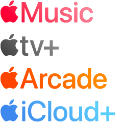 Apple 服務列表：Apple Music、Apple TV Plus、Apple Arcade 與 Apple iCloud Plus