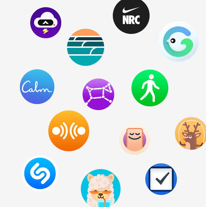 多款來自 App Store 的 Apple Watch app 圖像。包括 ChargePoint、Yelp、Nike Run Club、SmartGym、Calm、NBA、YaoYao - 跳繩等 app、Oceanic+、微信、Waterllama、Golfshot、JetBlue 與 AllTrails。