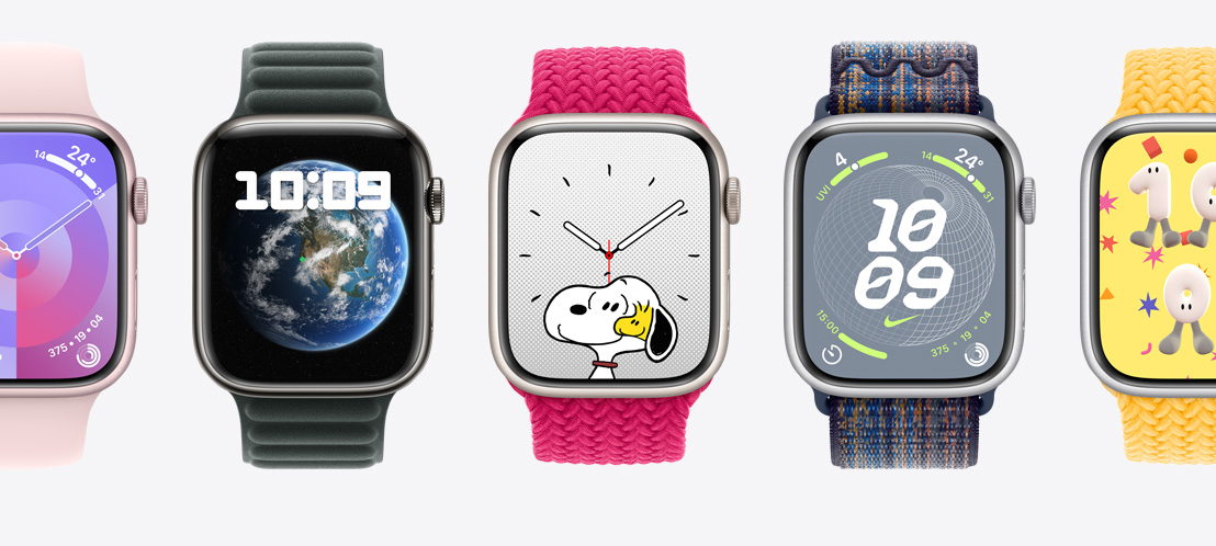 五隻 Apple Watch Series 9 各自展示不同錶面，包括調色盤錶面、天文錶面、史努比錶面、Nike 地球錶面與遊戲時間錶面。