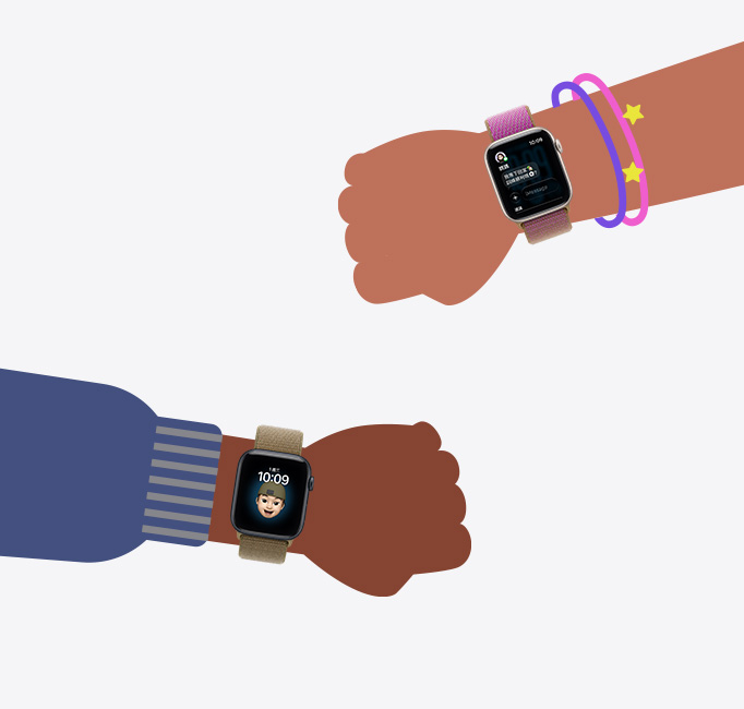 Apple Watch 親子設定，卡通插圖展示兒童手腕上配戴 Apple Watch SE 3 裝置