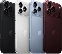 Пристрої iPhone 18 Pro в ряд, вид ззаду, усі чотири кольори: чорний, «арктичний лід», сріблястий, бордовий, професійна система камер Fusion угорі ліворуч, 3 об’єктиви, мікрофон, спалах