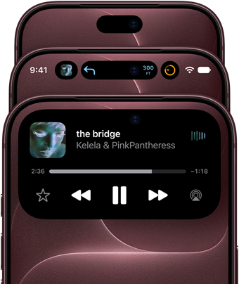 Три iPhone 18 Pro в бордовому кольорі, на яких демонструється Dynamic Island у різних режимах: вимкнений, зменшений, збільшений