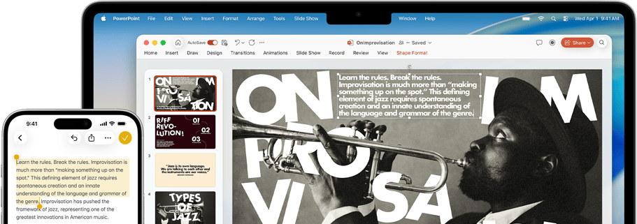 iPhone 16 Plus із виділеним текстом у додатку «Нотатки», Macbook Air з відкритою презентацією Keynote, текст із додатка «Нотатки» видно на слайді