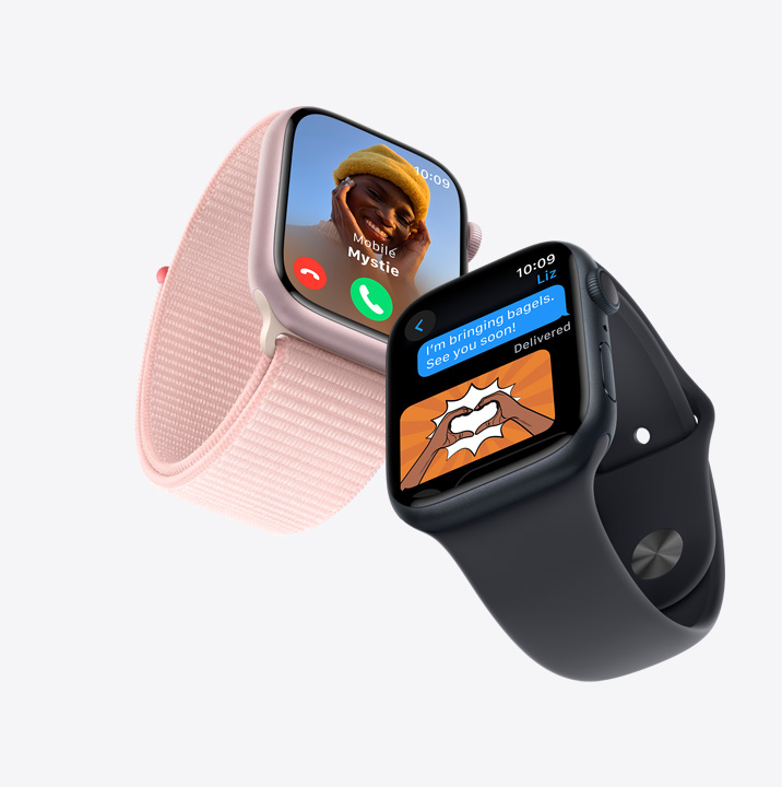 Два пристрої Apple Watch Series 9. На першому показано вхідний виклик. На іншому — розмову за допомогою текстових повідомлень.