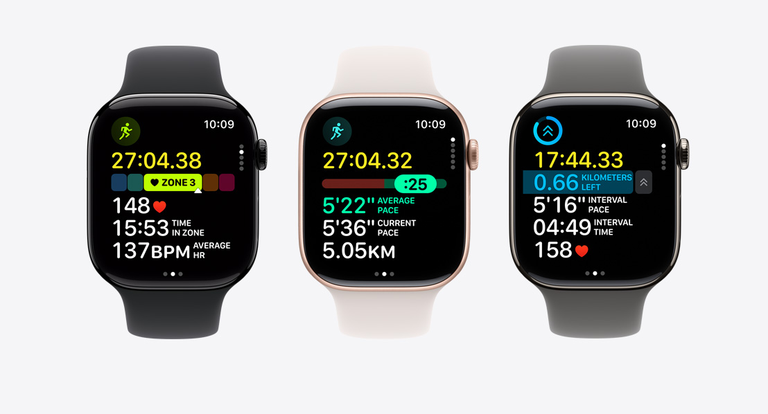 Пристрої Apple Watch Series 11, корпуси з алюмінію й титану, кольори: агатовий чорний, «рожеве золото» та натуральний, екрани з функціями для фітнесу: зони серцевого ритму, темп, власні тренування з інтервалами, спортивні ремінці, кольори: чорний, «легкий румʼянець» і «сірий камінь»