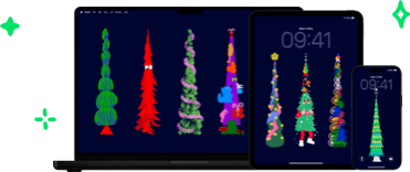 A Mac, iPad and iPhone showing wallpaper backgrounds of Christmas tree drawings