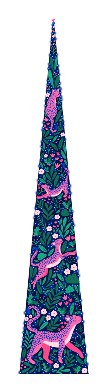 An elegant, delicate tree with pink and blue leopards and sparkling white lights.