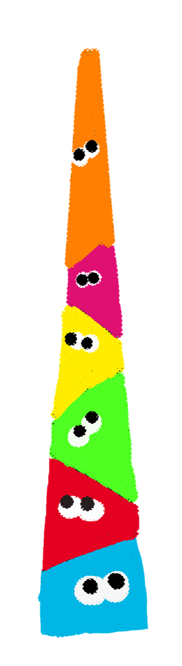 Six colourful, characterful blobs stacked up in a pile, looking out on the world with googly eyes.