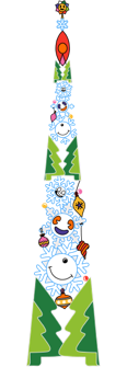 A tree composed of smaller trees, snowflakes and colourful decorations