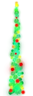 A bushy green tree with bright red baubles