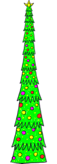 A cheerful green tree with layers, baubles and a yellow star on top