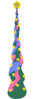 A stylised green, purple and pink tree with yellow lights and a cartoon-style yellow star