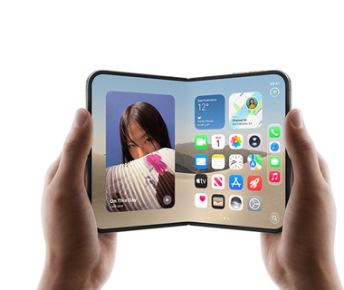 Two hands hold an open iPhone Duo, left screen displays a photo of a woman, right screen shows a home screen with various app icons, including Messages, Photos, Camera and App Store