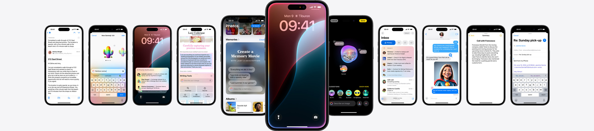 Static image of multiple iPhones showing Apple Intelligence features.