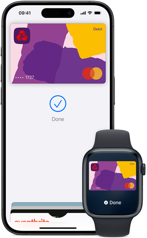 Examples of the Apple Card screen on iPhone and on Watch
