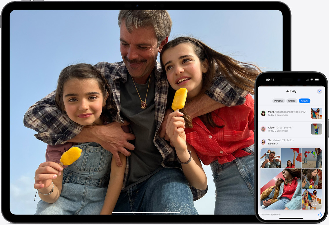 iPad and iPhone screens of iCloud Photos featuring images of a father with his two daughters at the beach