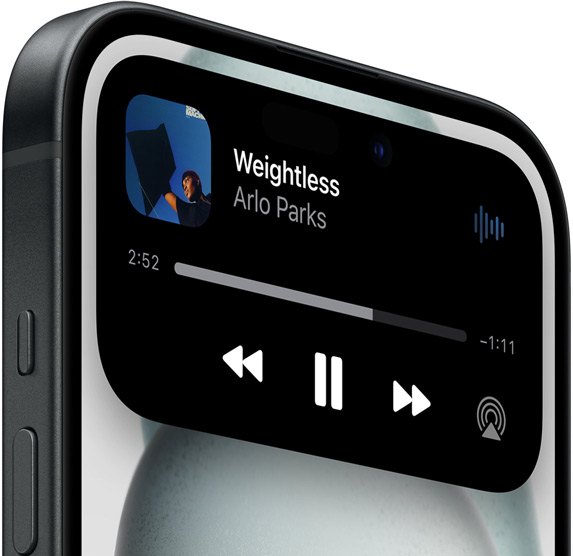 iPhone 15 showing Dynamic Island expanded view of Apple Music