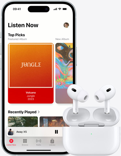 iPhone 15 playing music next to AirPods