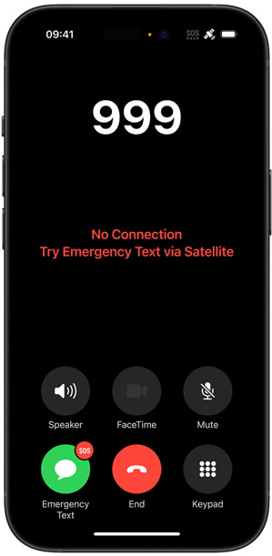 An iPhone showing the message "No Connection. Try Emergency Text via Satellite."