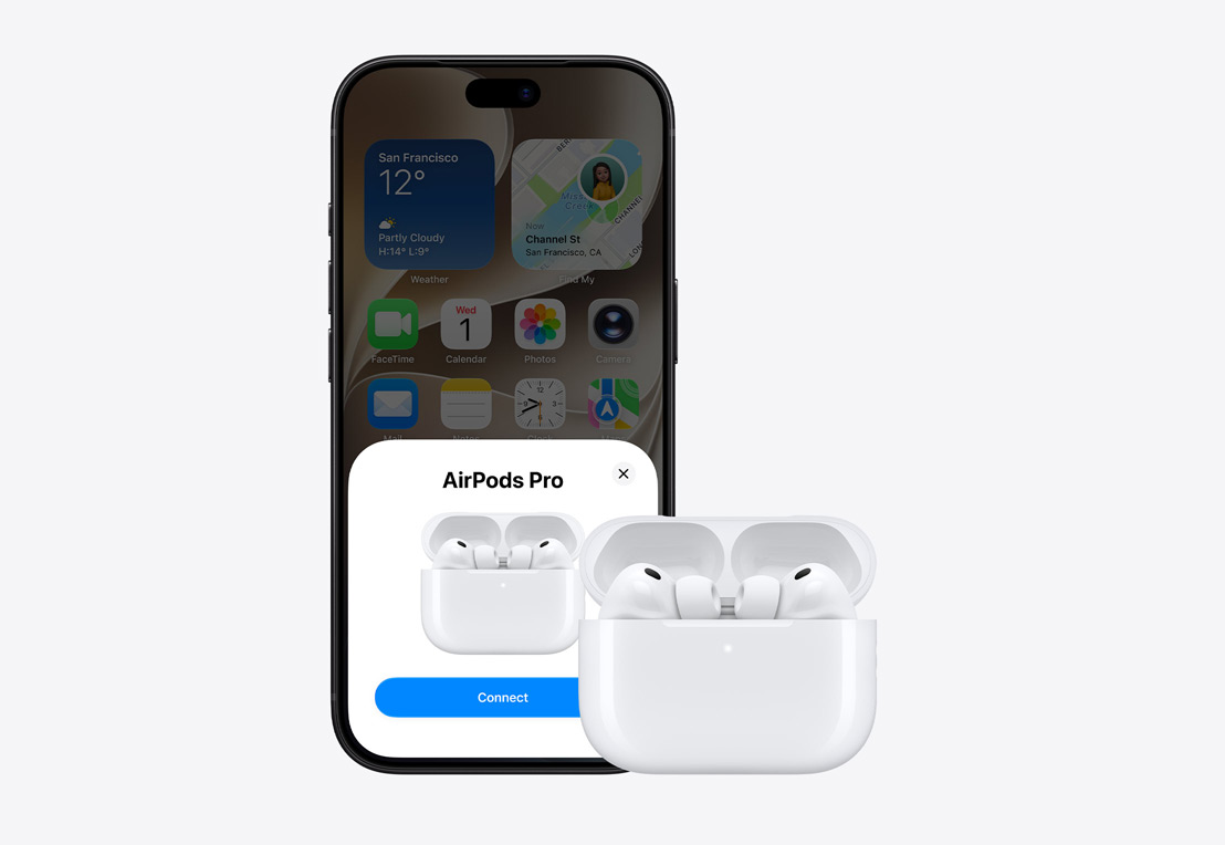 iPhone 18 Pro, front exterior, Home Screen open, connection pop-up on screen, next to AirPods Pro 3 in open MagSafe Charging case