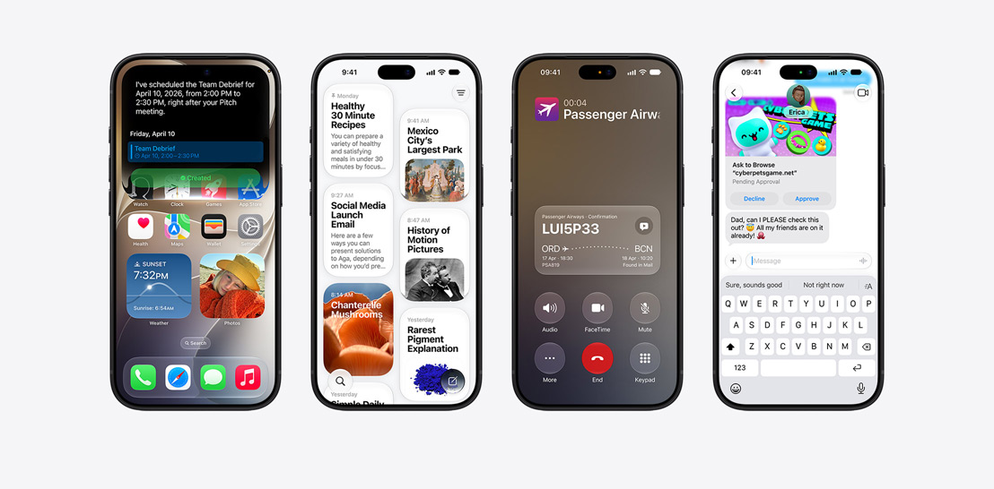 An array of iPhone 17 and 17 Pro devices each with a different screen showcasing iOS 26 and Apple Intelligence features