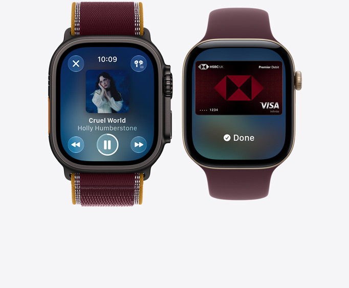 Apple Watch Ultra 4, titanium case, black colour, Apple Music app, now playing screen, Trail Loop strap, burgundy colour; Apple Watch Series 12, aluminium case, light gold colour, Apple Pay screen, Apple Card, Sport Loop strap, burgundy colour