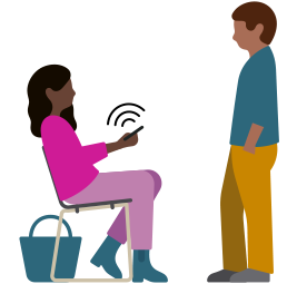 Woman sitting in chair, holding an iPhone with sound waves coming from device, man standing in front of her and listening