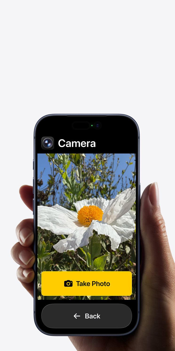 iPhone 17 Pro screen showing simplified Camera app interface with a white flower in the frame, “Take Photo” button, and “Back button below