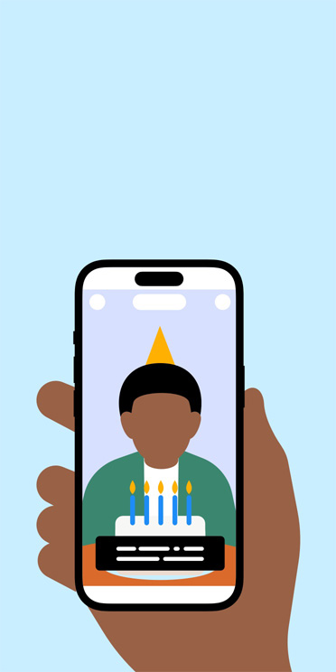 Illustration of a hand holding an iPhone showing a video clip of a boy sitting in front of a cake with candles with captions on screen