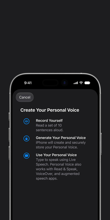 iPhone 17 screen showing Personal Voice feature with instructions on how to create your Personal Voice