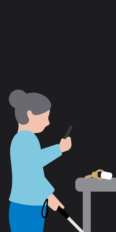 Illustration of side profile of a woman standing, holding a white cane, pointing an iPhone at keys on a table in front of her