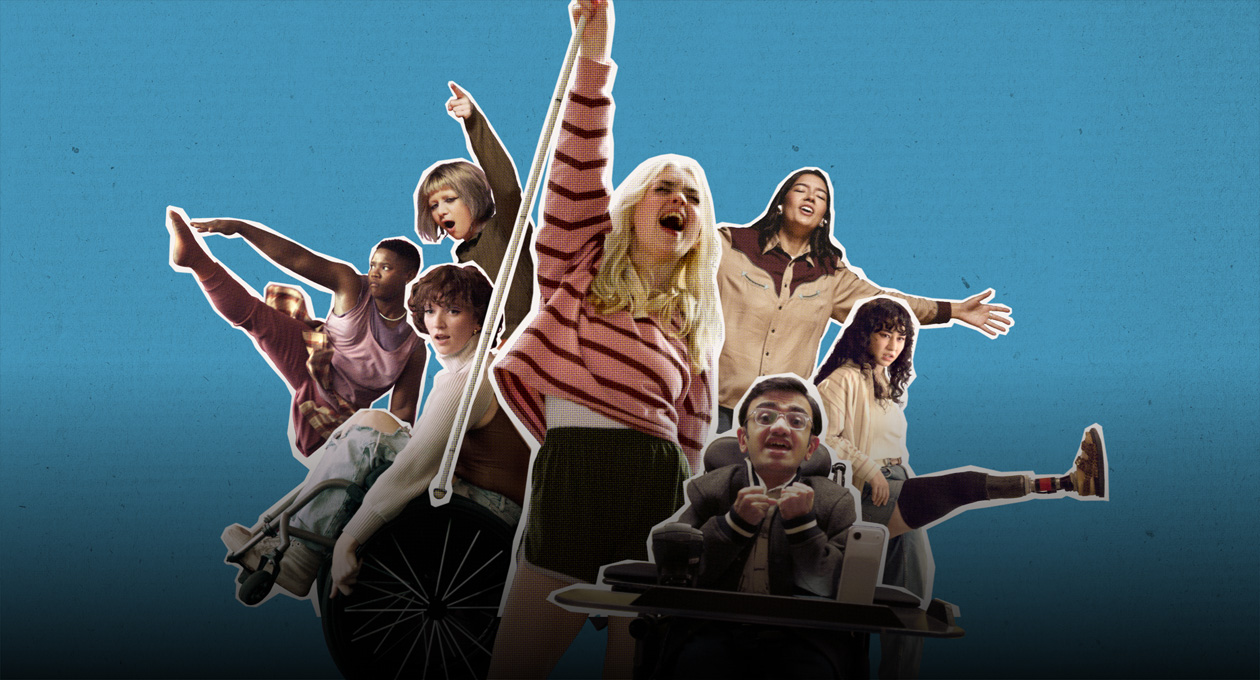 A diverse group of university students, including a wheelchair user, cheering, dancing and striking energetic poses against a blue background.
