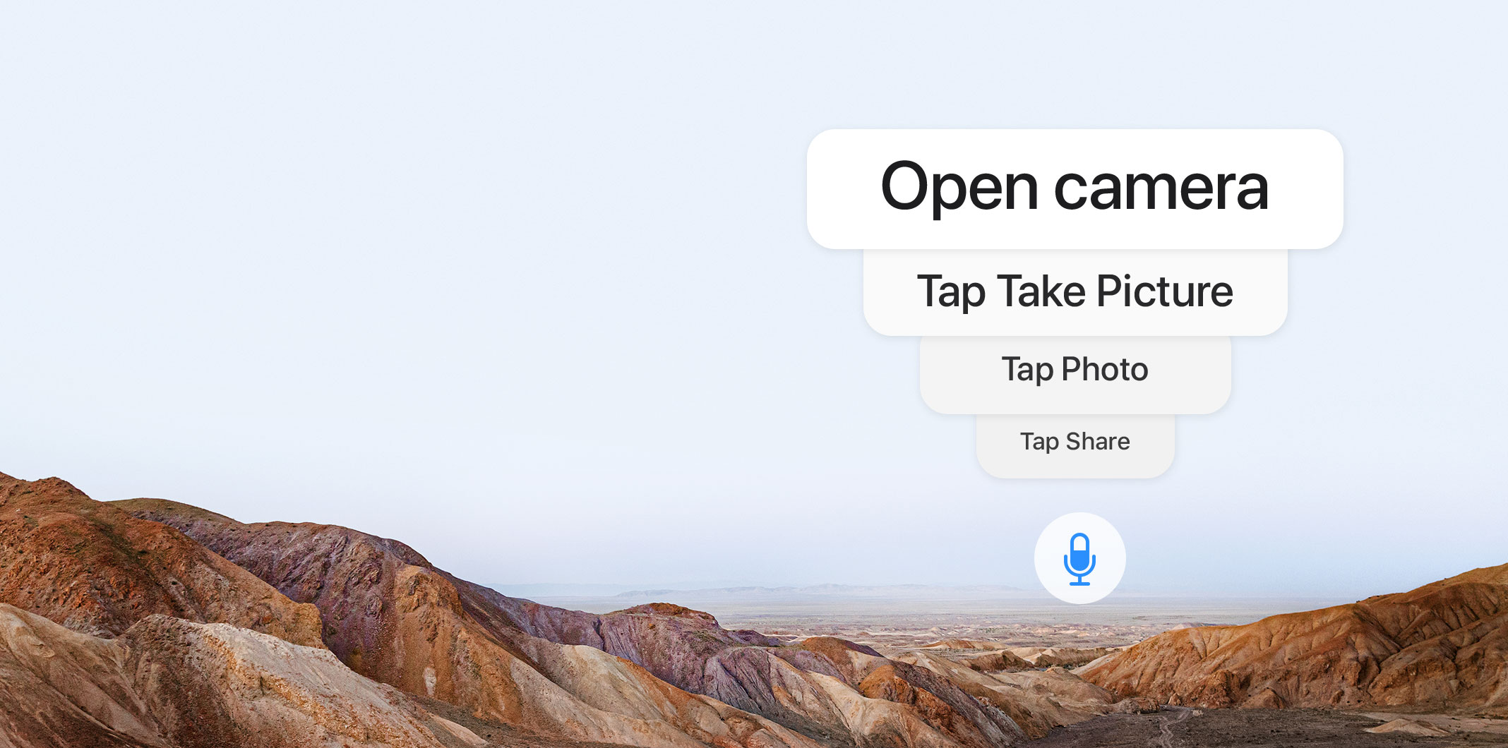 Sequence of Voice Control commands — Open Camera, Tap Take Picture, Tap Photo, Tap Share.