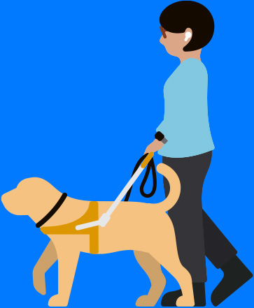 一位有視障的女士，戴著 AirPods 正牽著導盲犬步行。