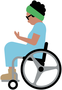 Tekerlekli sandalyedeki kişi elindeki iPhone’a bakıyor.