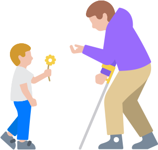 Hombre con un aparato de movilidad asistida tomando una foto a un niño con una flor en la mano