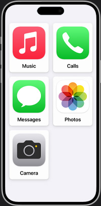 Simplified iPhone home screen showing Music, Calls, Messages, Photos and Camera apps.