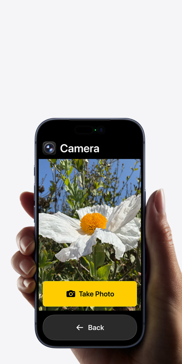 Tela do iPhone 17 Pro com a interface simplificada do app Câmera. Uma flor branca aparece enquadrada, com os botões “Tirar Foto” e “Voltar” exibidos abaixo.