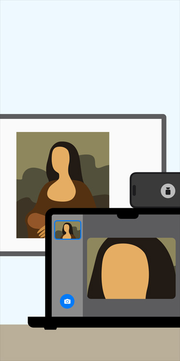 Ilustración animada de la app Lupa en la pantalla de una MacBook haciendo zoom en una imagen de la Mona Lisa que se muestra en el pizarrón de un salón de clases