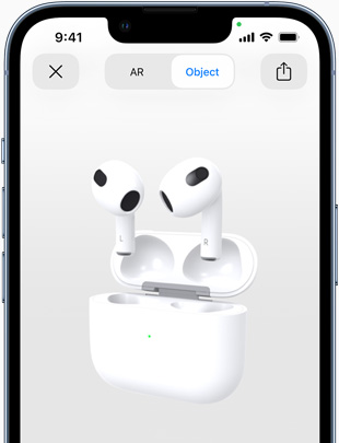 Ekraanil näidatakse kõrvaklappe AirPods (3. põlvkond), mida kuvatakse iPhone'i liitreaalsuse vaates.