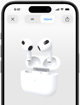 Screen shows AirPods (3rd generation) being displayed in augmented reality view on iPhone.