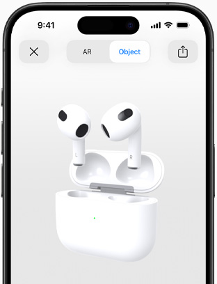 畫面顯示 AirPods (第 3 代) 在 iPhone 上以擴增實境展示。