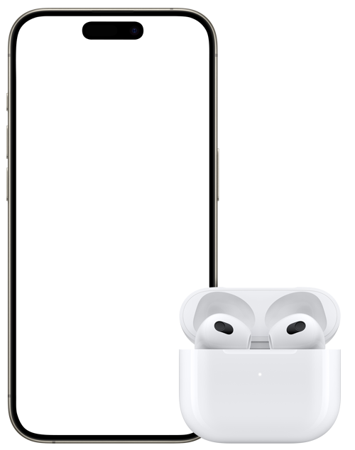 Imagen de un estuche de carga con unos AirPods de 3.ª generación en su interior y la luz blanca iluminada para indicar que se ha enlazado al iPhone que hay al lado. En la pantalla de inicio del iPhone se muestra un recuadro con el botón que debe pulsarse para enlazar ambos dispositivos.