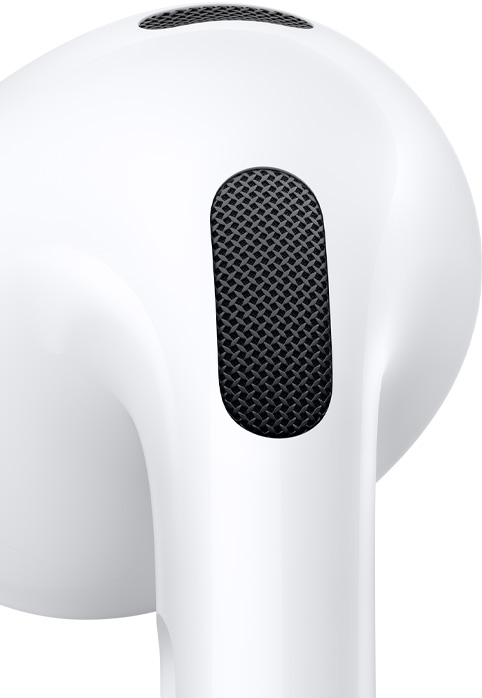 AirPods 이어버드 바깥 면에 탑재된 마이크를 클로즈업한 이미지.