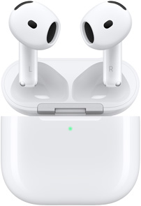 Ladeetui til AirPods 4 åpent og viser AirPods som svever over det.