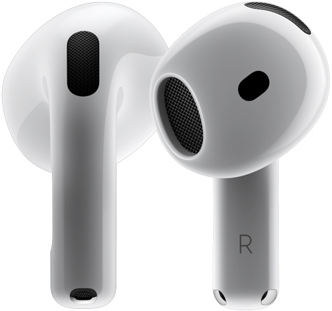 Dve slúchadlá AirPods 4, ktoré okolo seba krúžia a zastanú v rôznych uhloch.