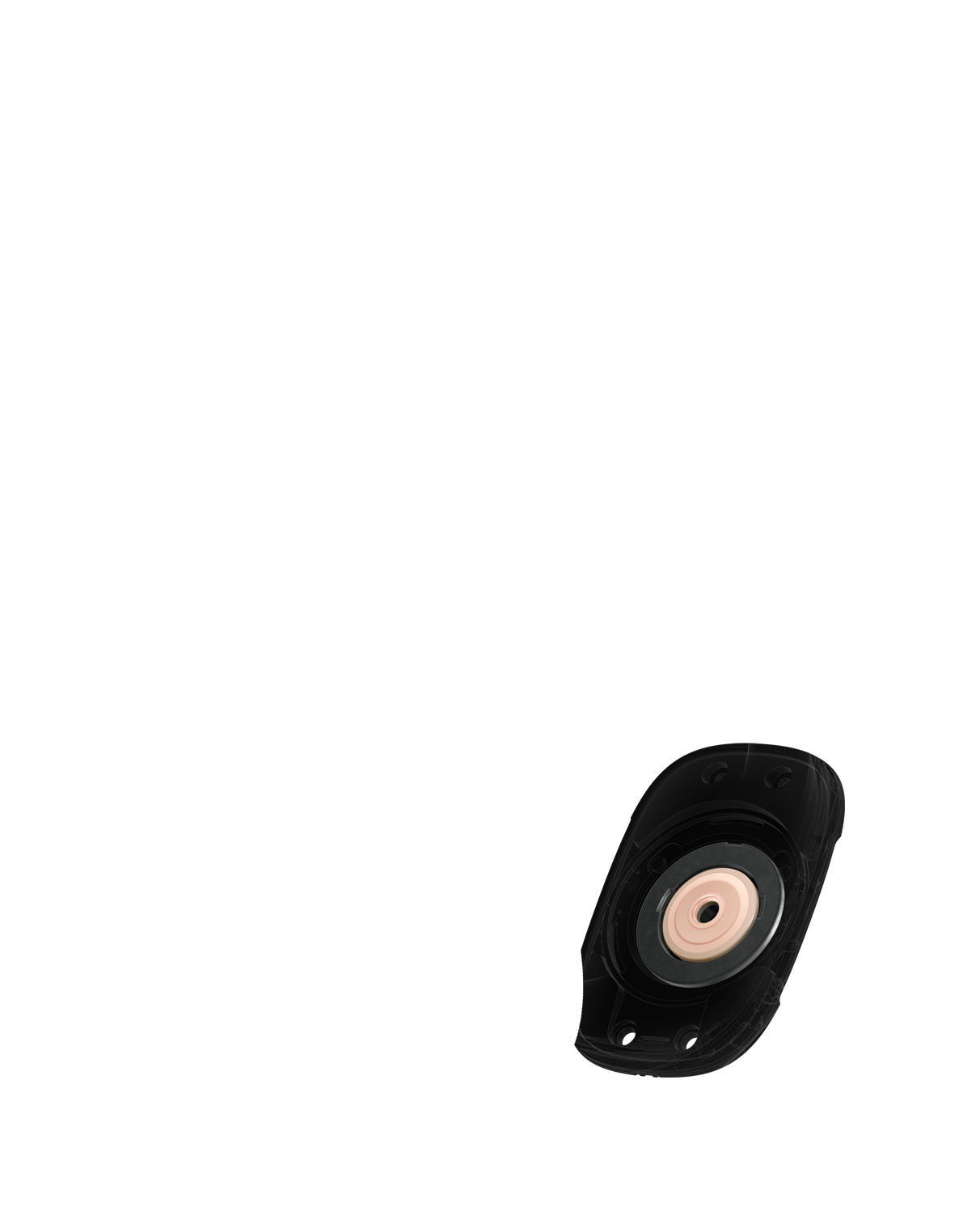 Още по-приближен изглед във вътрешността на драйвера с акцент върху пръстеновидния магнит, който намалява изкривяването на звука.
