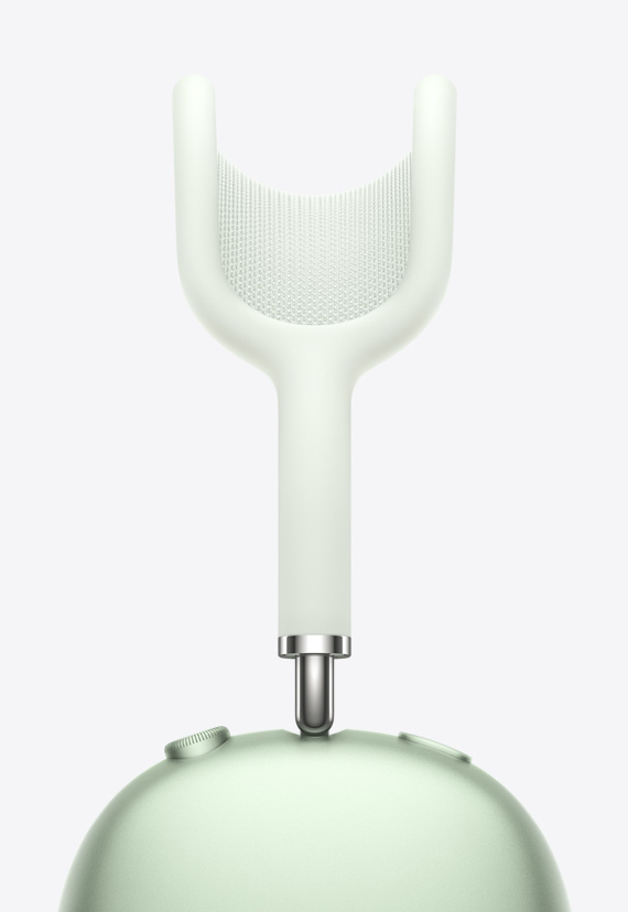 Mesh of canopy taut between curved Y-shaped canopy, flowing into a stemmed arm that connects to the ear cups of AirPods Max in Green.