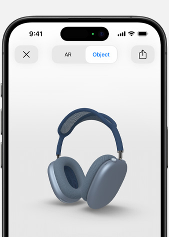 Image des AirPods Max bleu ciel en réalité augmentée sur iPhone.